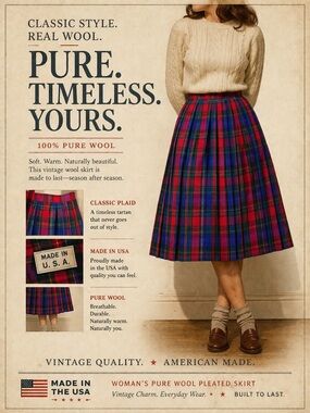 Pure Wool vintage Classic Plaid Pleated Skirt - Red/Blue Tartan size 16